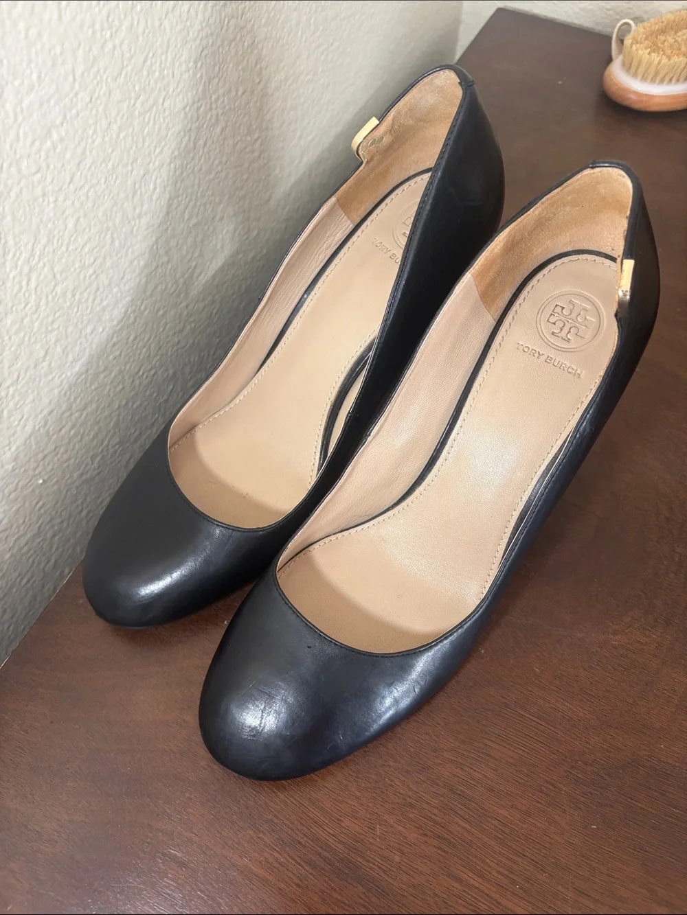 Tory Burch Black Leather Round-Toe Heels with Gold Accent